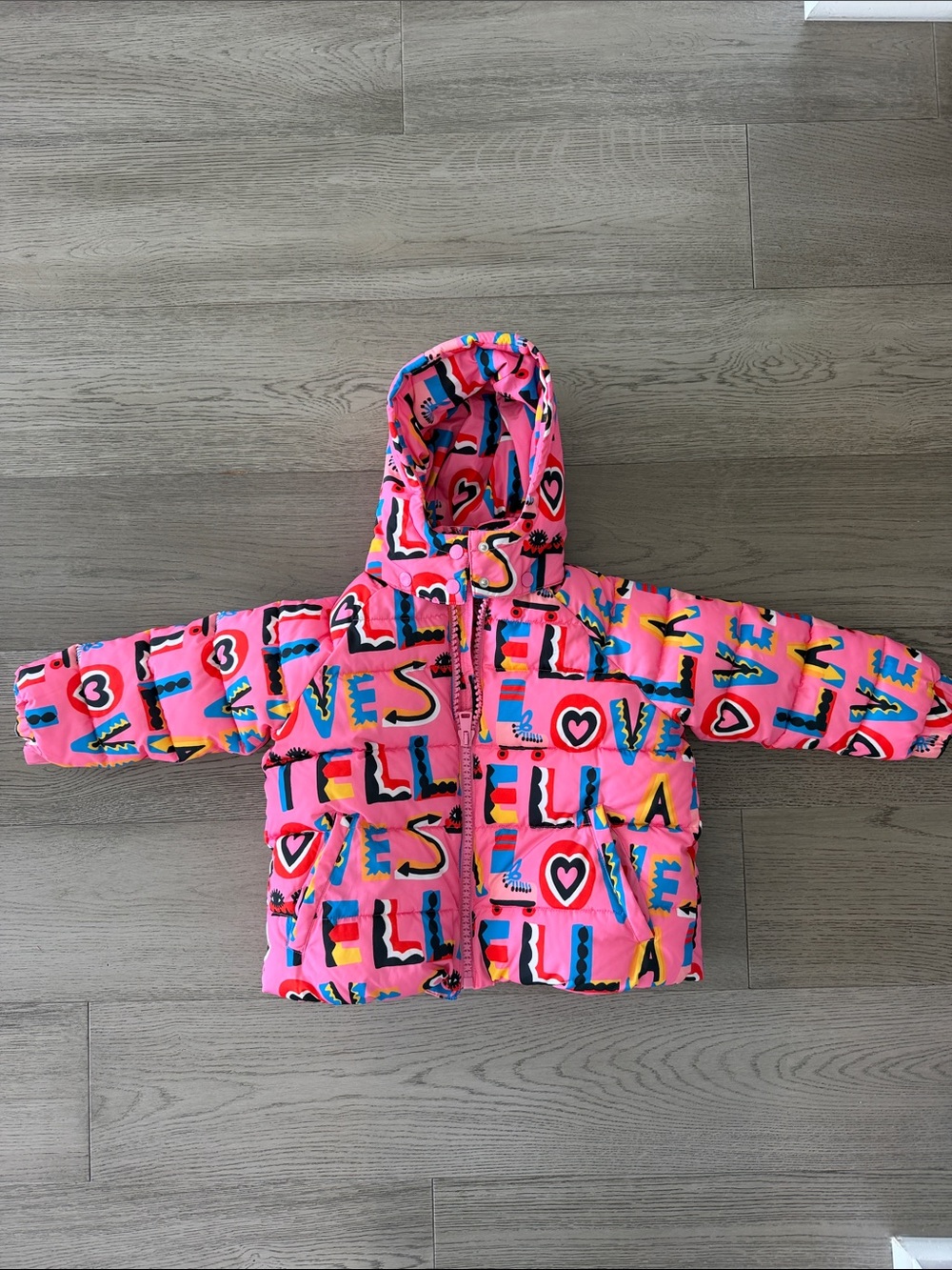 Stella McCartney Kids Pink Puffer Jacket with Hood - Playful Letter Print